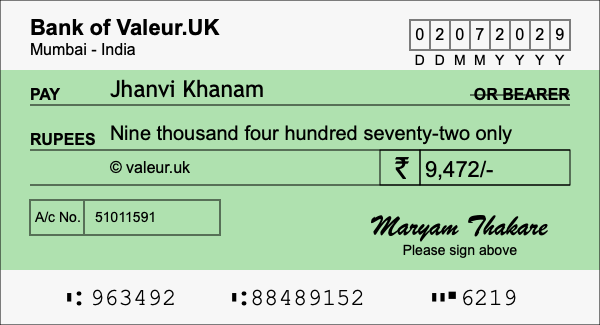 How to write a cheque for 9,472 rupees