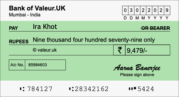 How to write a cheque for 9,479 rupees