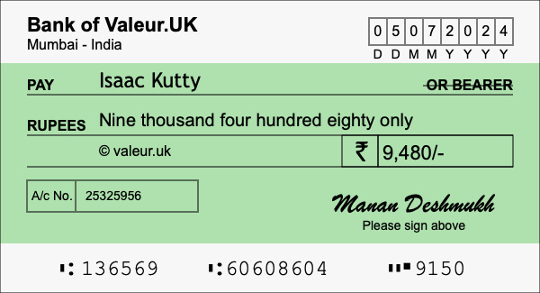 How to write a cheque for 9,480 rupees