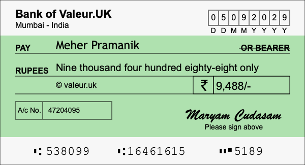 How to write a cheque for 9,488 rupees