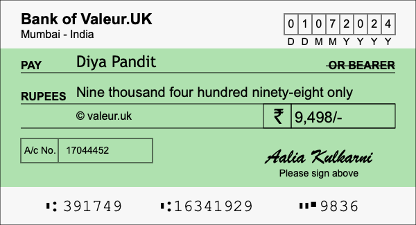 How to write a cheque for 9,498 rupees