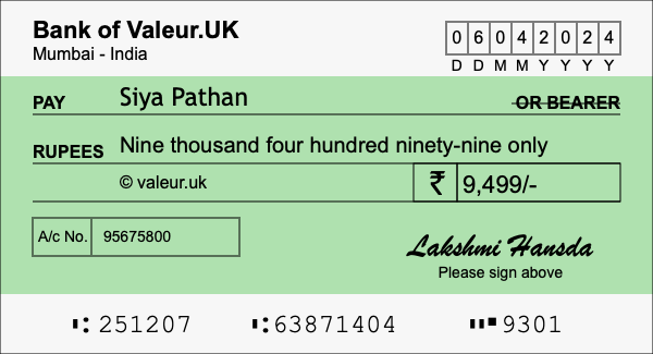 How to write a cheque for 9,499 rupees