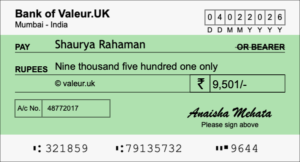 How to write a cheque for 9,501 rupees