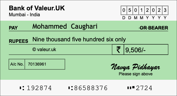 How to write a cheque for 9,506 rupees