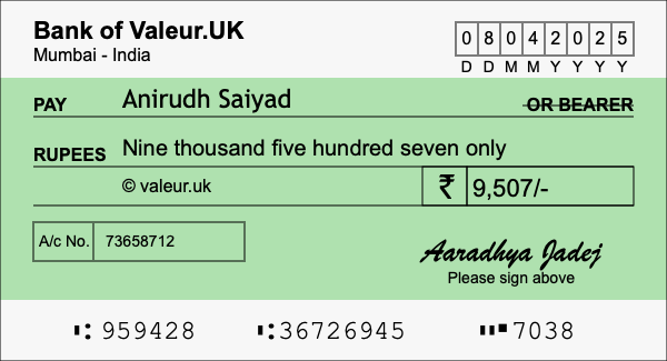 How to write a cheque for 9,507 rupees