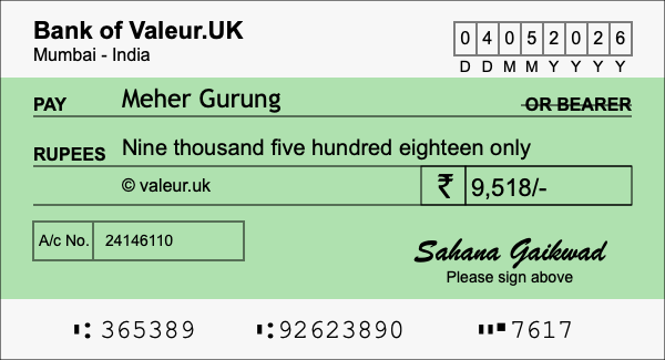 How to write a cheque for 9,518 rupees