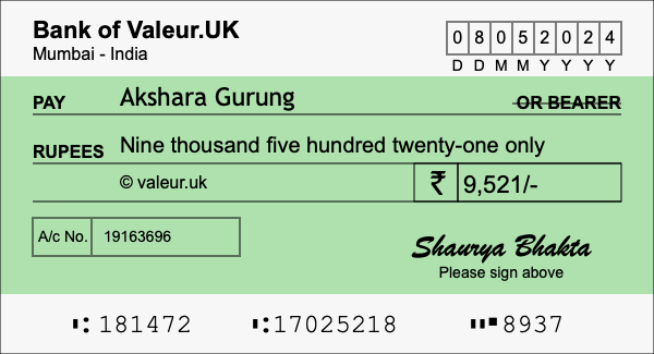 How to write a cheque for 9,521 rupees