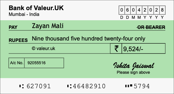 How to write a cheque for 9,524 rupees