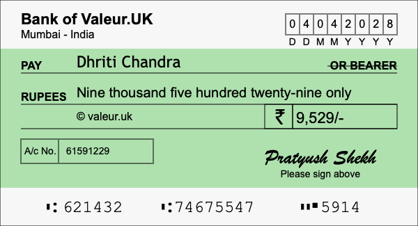 How to write a cheque for 9,529 rupees