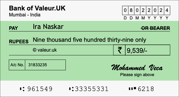 How to write a cheque for 9,539 rupees