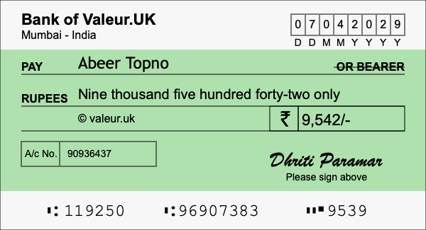 How to write a cheque for 9,542 rupees