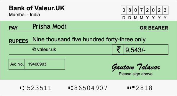 How to write a cheque for 9,543 rupees