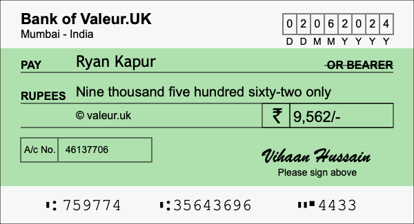 How to write a cheque for 9,562 rupees