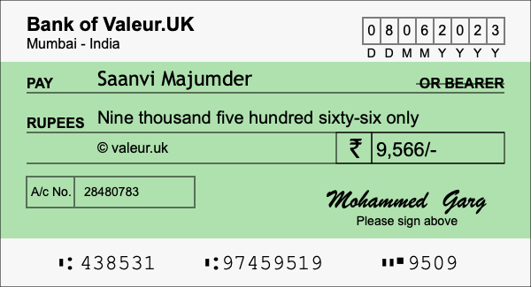 How to write a cheque for 9,566 rupees