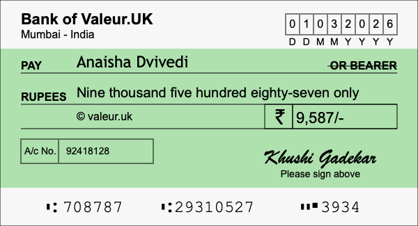 How to write a cheque for 9,587 rupees