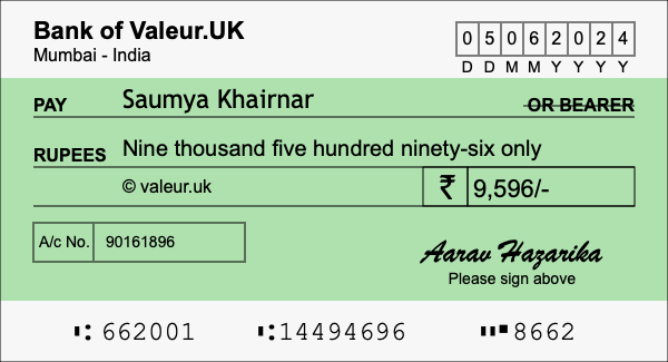 How to write a cheque for 9,596 rupees