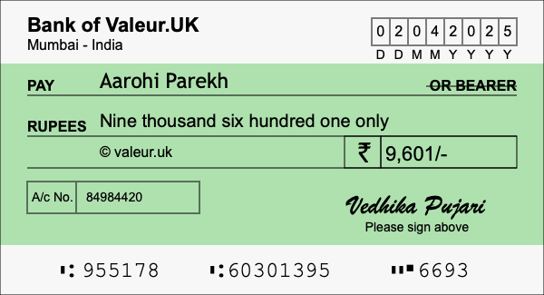 How to write a cheque for 9,601 rupees