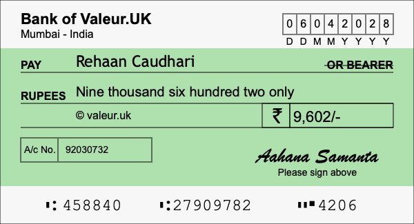 How to write a cheque for 9,602 rupees