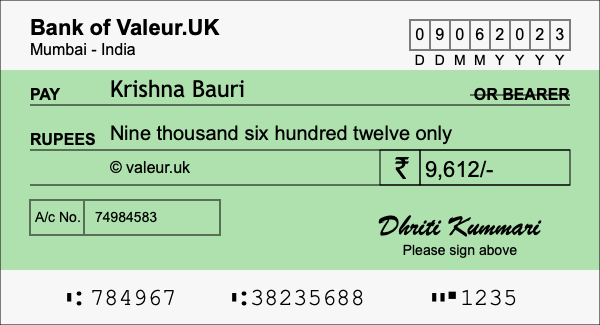 How to write a cheque for 9,612 rupees