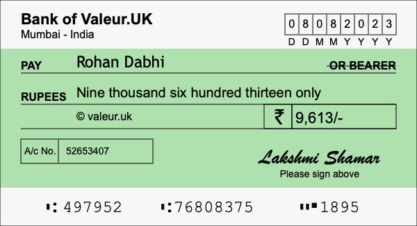 How to write a cheque for 9,613 rupees