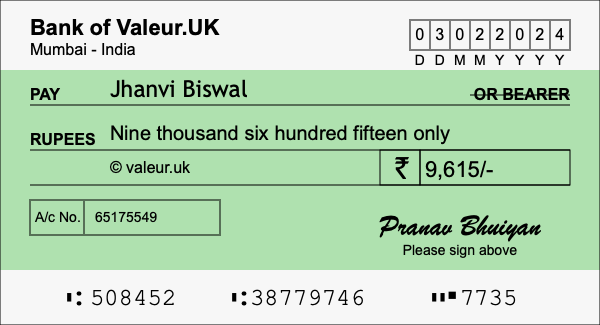 How to write a cheque for 9,615 rupees