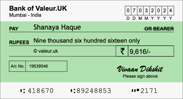 How to write a cheque for 9,616 rupees