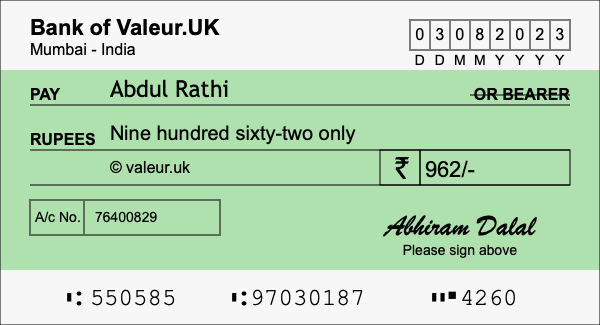 How to write a cheque for 962 rupees