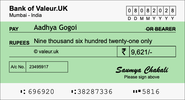 How to write a cheque for 9,621 rupees
