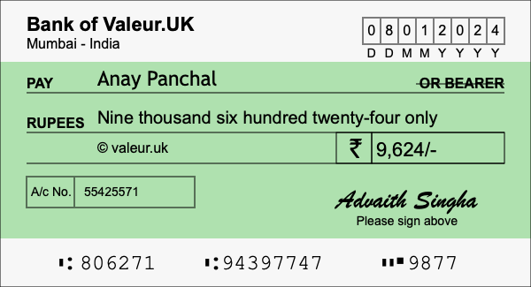 How to write a cheque for 9,624 rupees