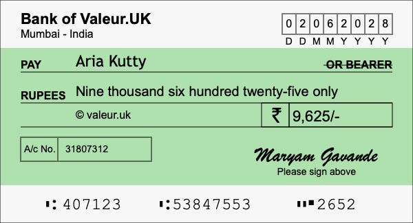 How to write a cheque for 9,625 rupees