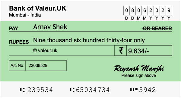 How to write a cheque for 9,634 rupees