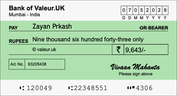 How to write a cheque for 9,643 rupees