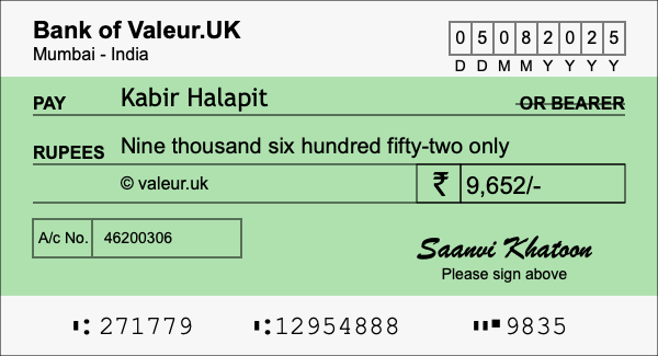 How to write a cheque for 9,652 rupees