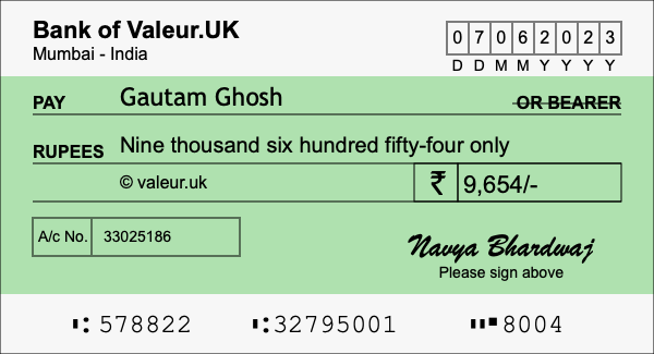 How to write a cheque for 9,654 rupees