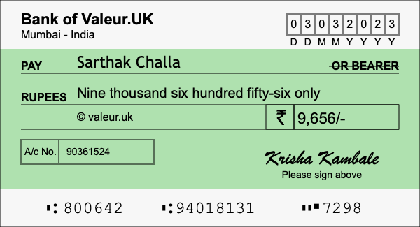 How to write a cheque for 9,656 rupees