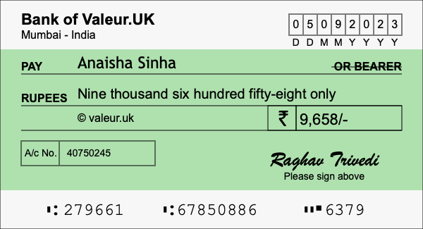 How to write a cheque for 9,658 rupees