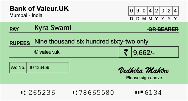 How to write a cheque for 9,662 rupees