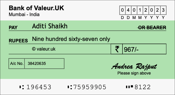 How to write a cheque for 967 rupees
