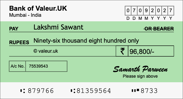 How to write a cheque for 96,800 rupees
