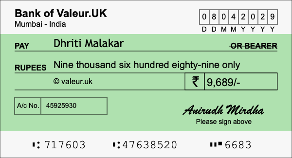 How to write a cheque for 9,689 rupees