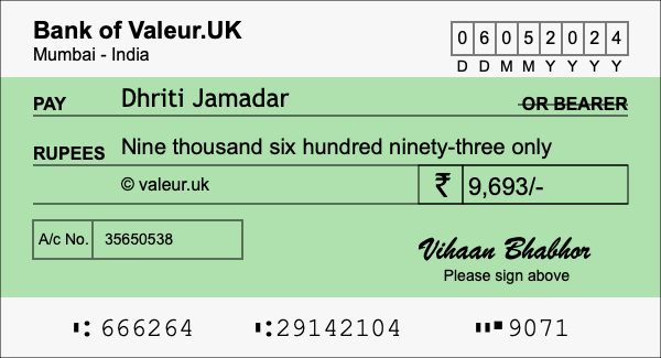 How to write a cheque for 9,693 rupees