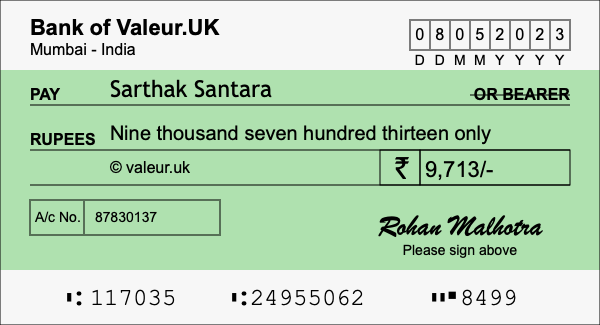 How to write a cheque for 9,713 rupees