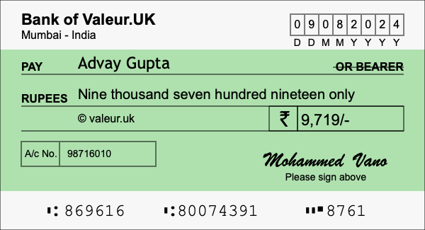 How to write a cheque for 9,719 rupees