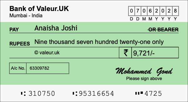 How to write a cheque for 9,721 rupees