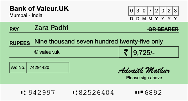 How to write a cheque for 9,725 rupees