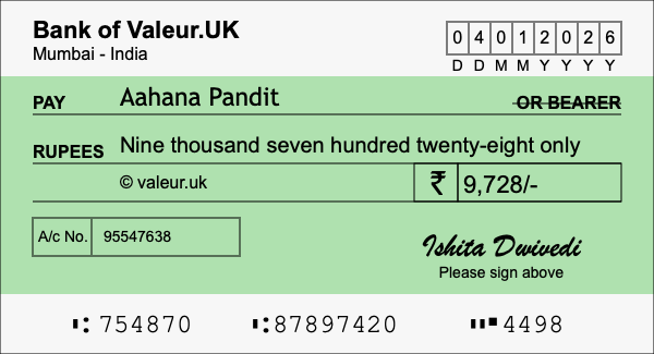 How to write a cheque for 9,728 rupees How to write a cheque for 9,728 rupees