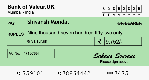 How to write a cheque for 9,752 rupees