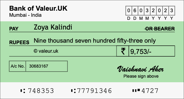 How to write a cheque for 9,753 rupees