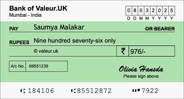 How to write a cheque for 976 rupees