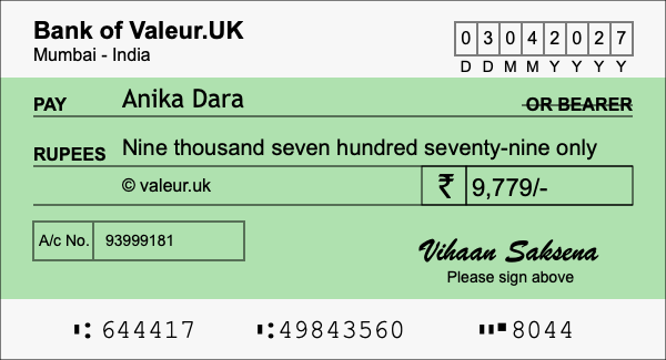 How to write a cheque for 9,779 rupees